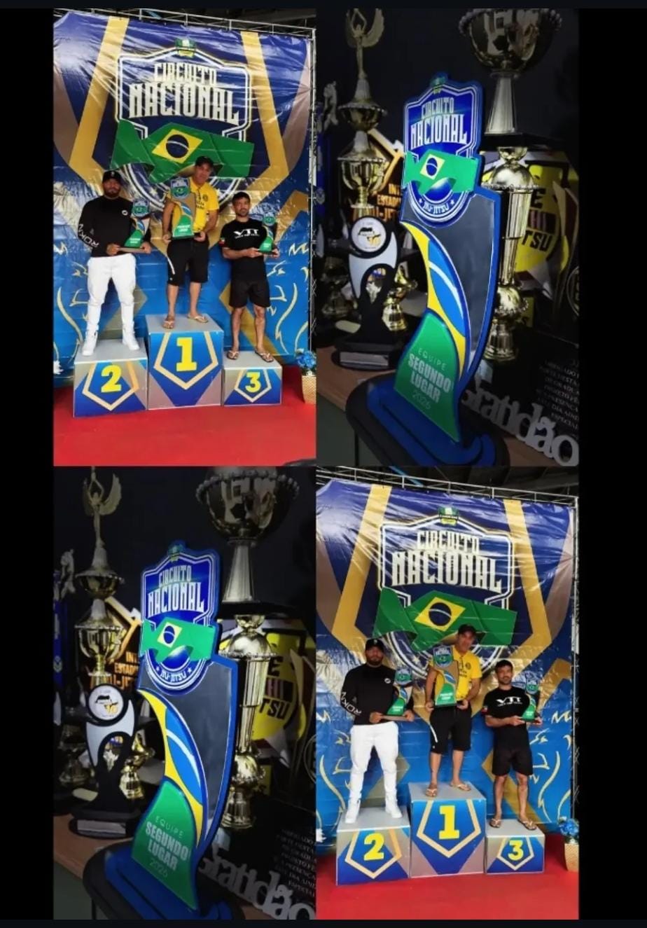 Colagem de pódios e troféus do Circuito Nacional de Jiu-Jitsu